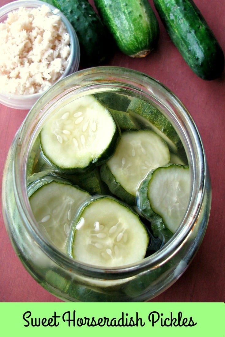 Photo of a glass jar filled with Sweet Horseradish Pickles on a wood table next to a small bowl of chopped horseradish and pickling cucmbers 