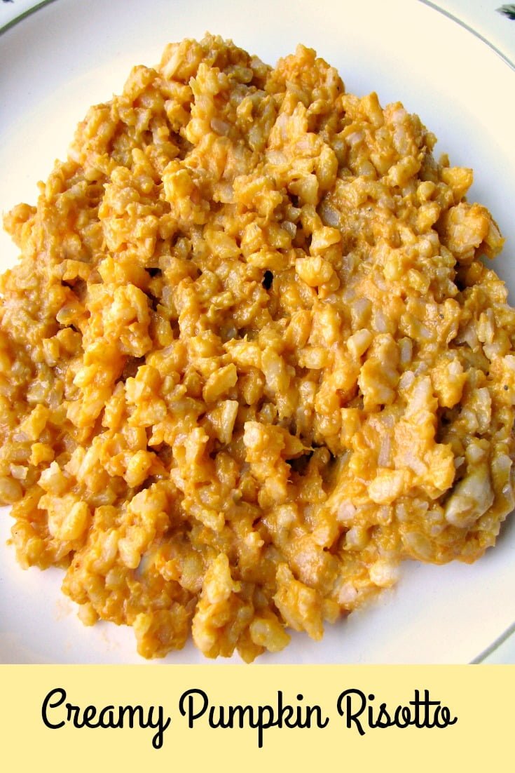 Close up photo of Creamy Pumpkin Risotto on a white plate 