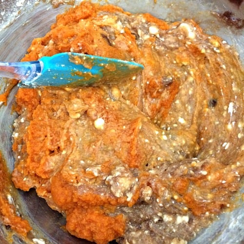 Photo of pumpkin puree, brown sugar, and cinnamon mixed with cream cheese