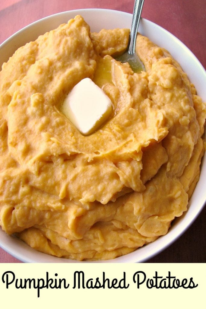 Photo of Pumpkin Mashed Potatoes in a white bowl with a pat of butter melting on top