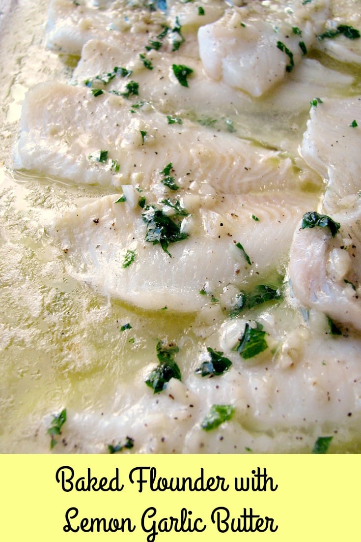 Photo of Baked Flounder with Lemon Garlic Butter in a glass baking dish 