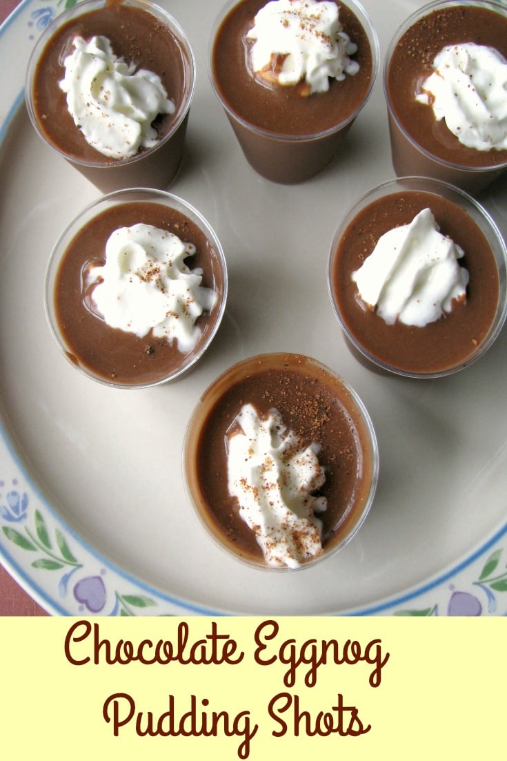 Overhead photo of Chocolate Eggnog Pudding Shots topped with whipped cream and nutmeg on a white flower trimmed plate
