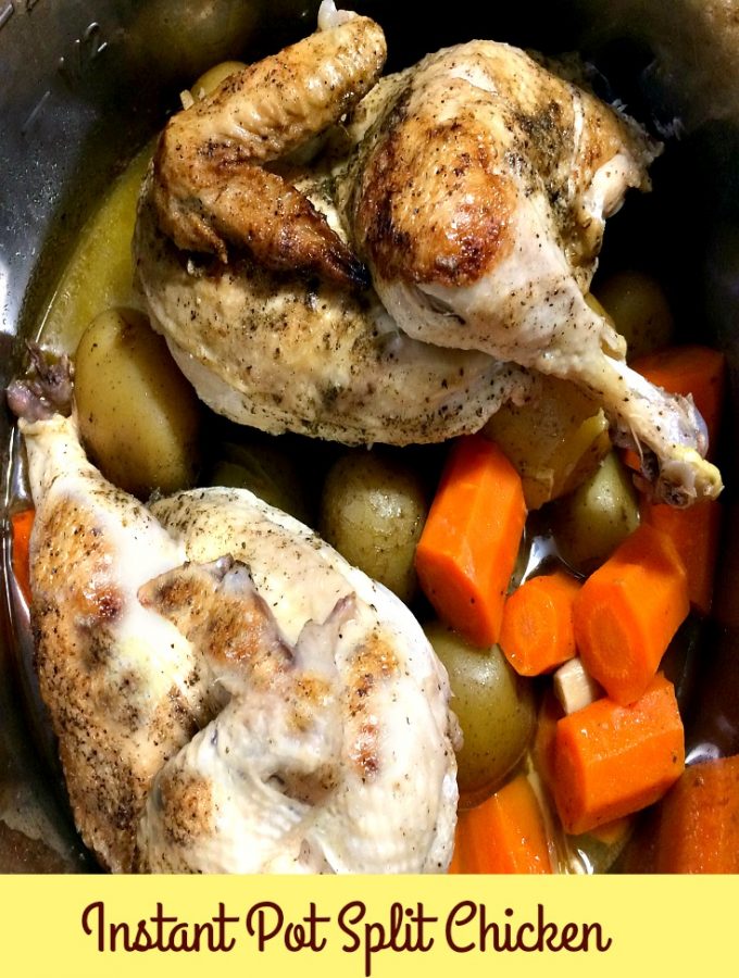 Photo of a split chicken over baby potatoes and chopped carrots with garlic in an instant pot