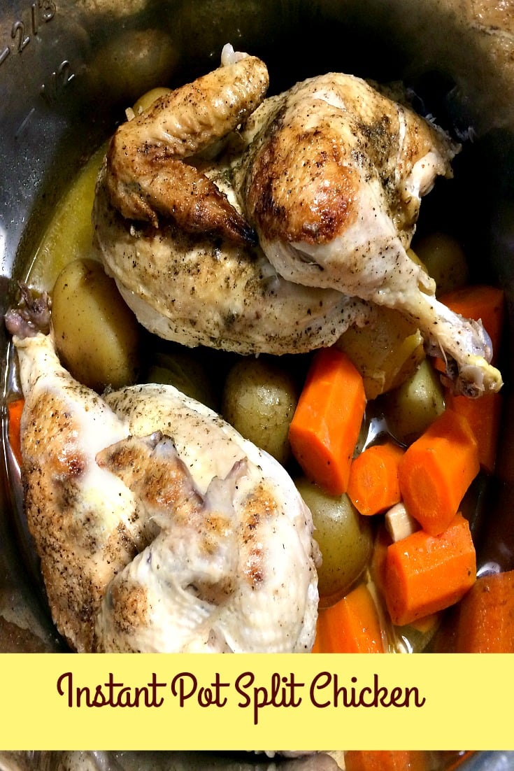 Photo of a split chicken over baby potatoes and chopped carrots with garlic in an instant pot 