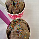 photo of two pink and white polka dot bowls of No-Churn Chocolate Peanut Butter Ice Cream