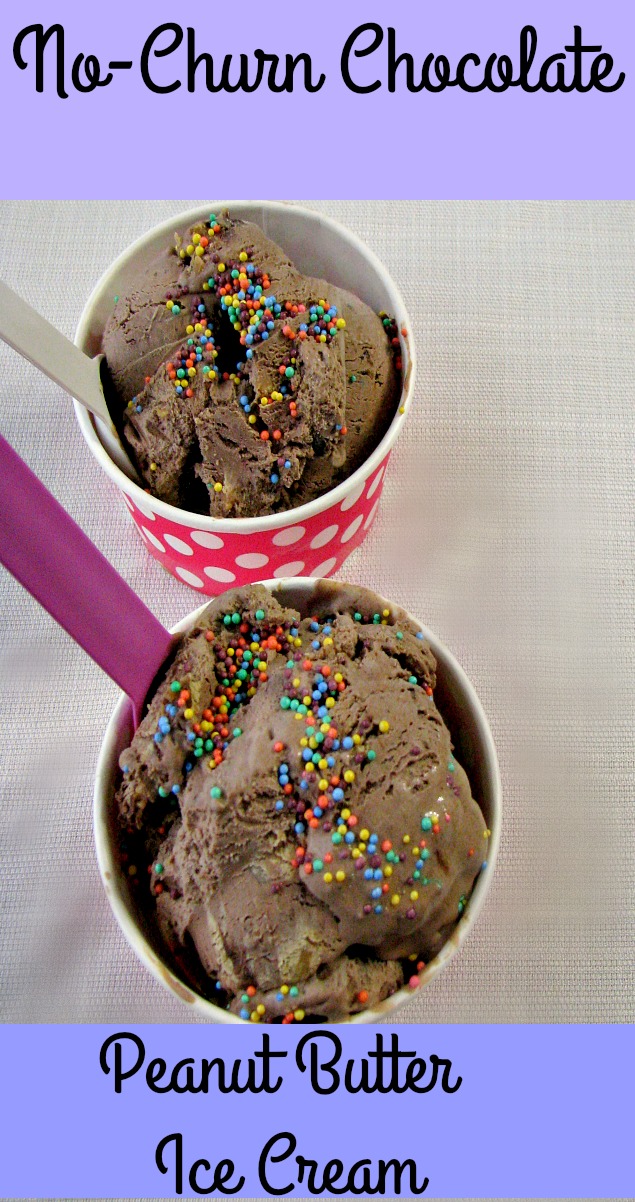 photo of two pink and white polka dot bowls of No-Churn Chocolate Peanut Butter Ice Cream 