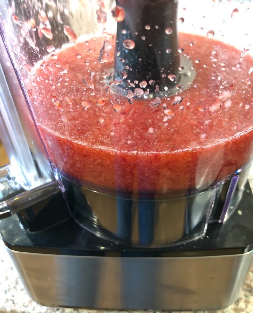 photo of pureed strawberries in a food processor 
