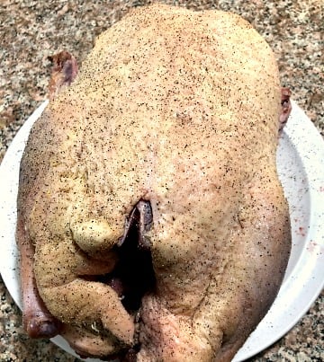 photo of a raw whole duck seasoned with salt and pepper on a white plate sitting on a counter 