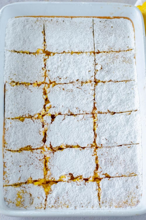 baked lemon bars topped with powdered sugar 
